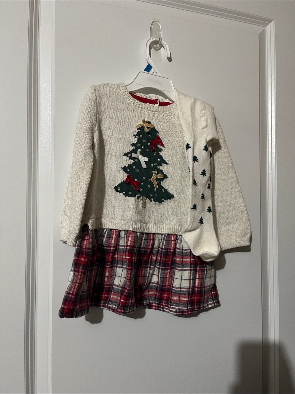 Max Studio Cream Knit Holiday Dress with Green Tree and Red Plaid Skirt